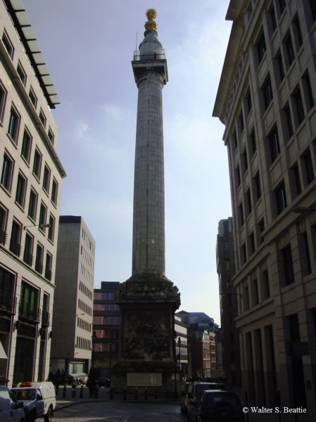 The Monument stands at the junction of Monument Street and Fish Street Hill in the City of London.